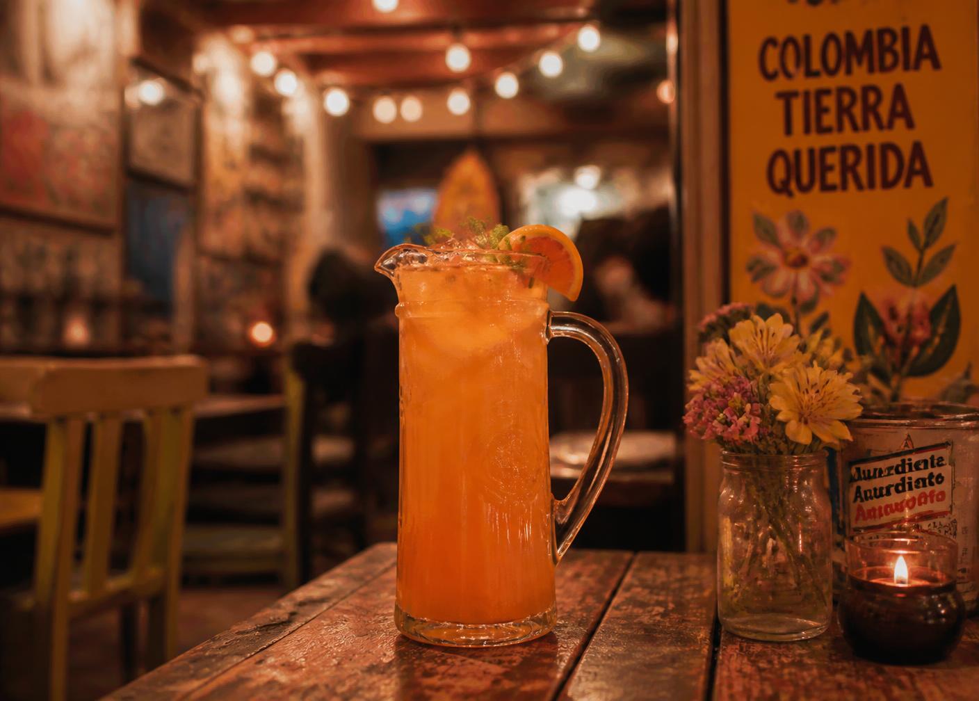 Warm chaotic candlelit interior of a Colombian restaurant