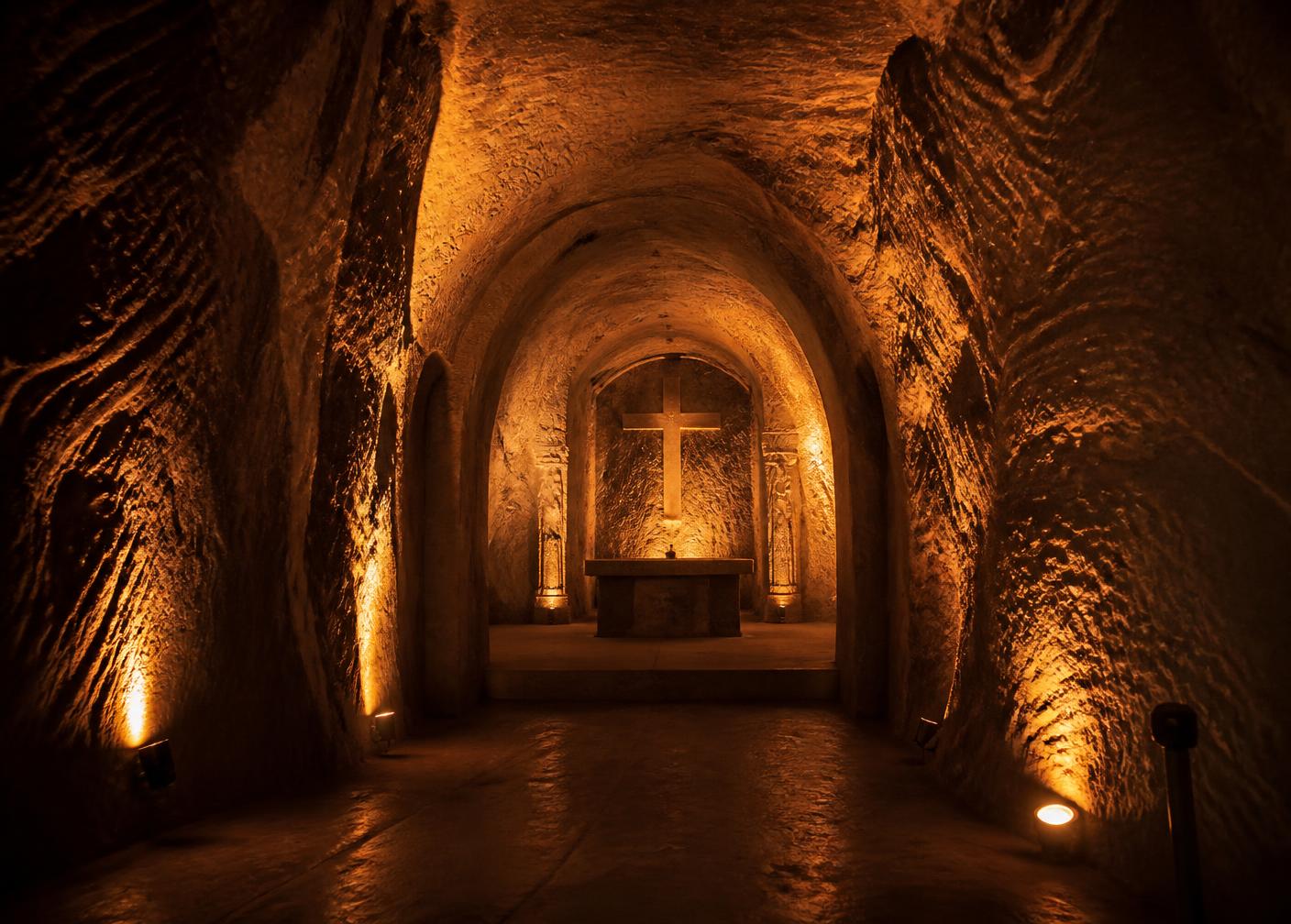 Blue-lit carved tunnels of the Zipaquirá salt cathedral