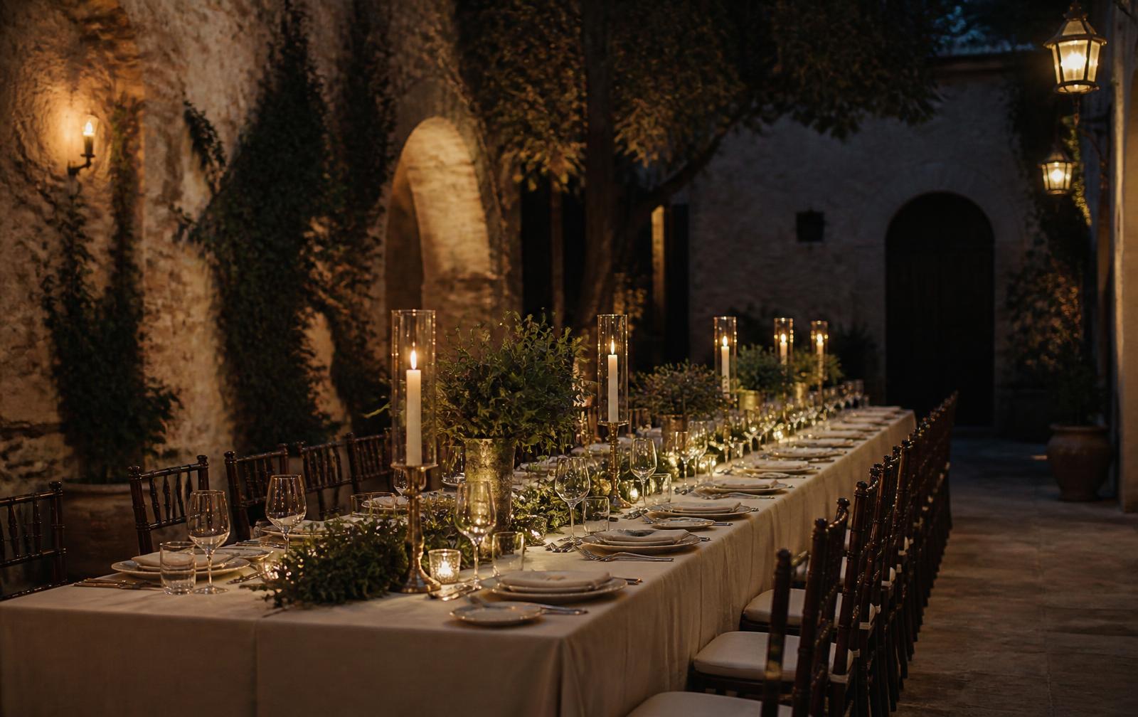 A long candlelit dinner table set under warm stone arches at dusk